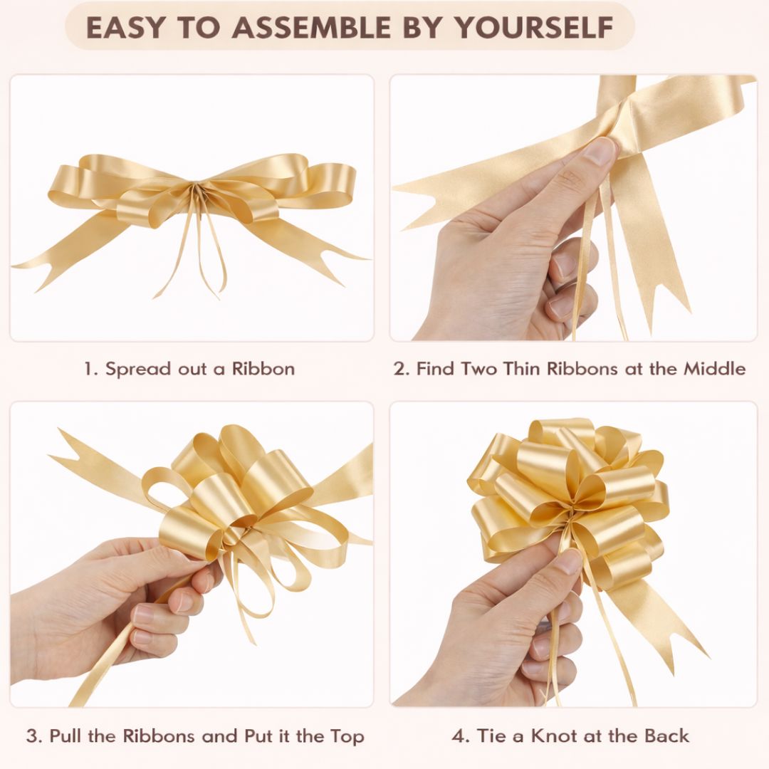Step-by-step guide on how to tie a gold bow with instructions and images.