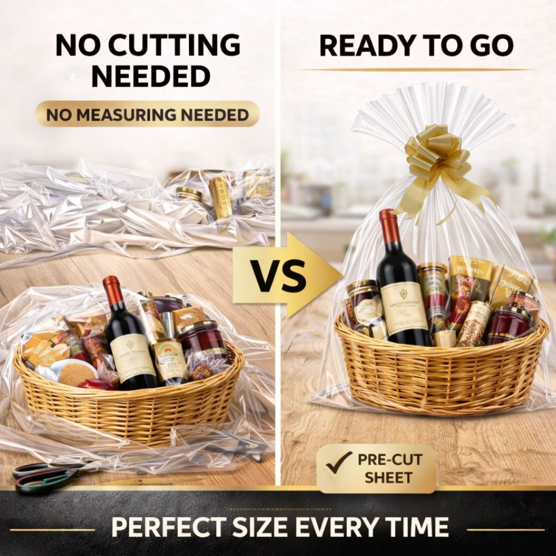 Cellophane wrap for hampers and gift baskets with professional finish