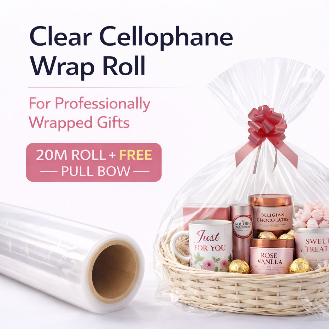 Clear cellophane wrap roll 20m x 50cm with free pull bow for gift wrapping