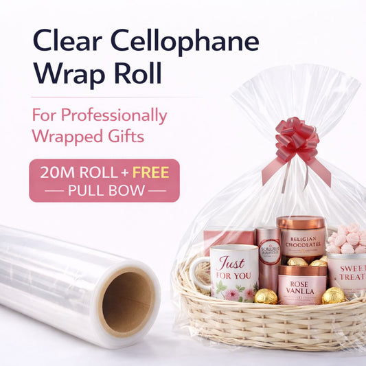 Clear cellophane wrap roll 20m x 50cm with free pull bow for gift wrapping