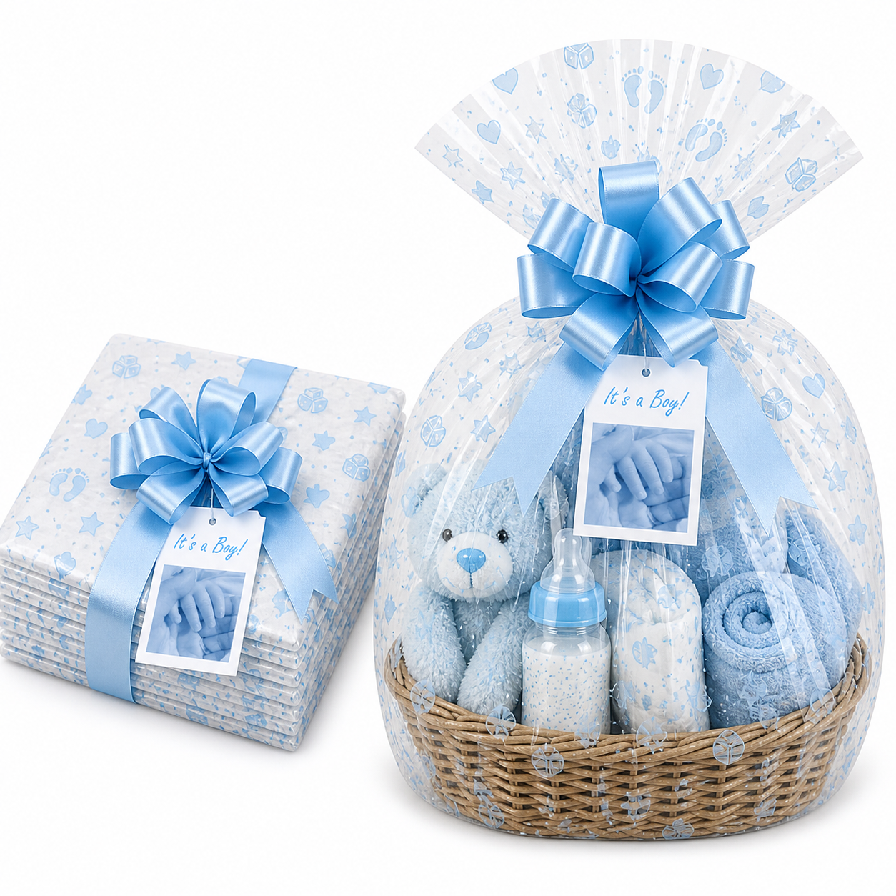 Baby Boy Print Cellophane Wrap Sheet for Hampers – Florist Wrap with Free Pull Bow