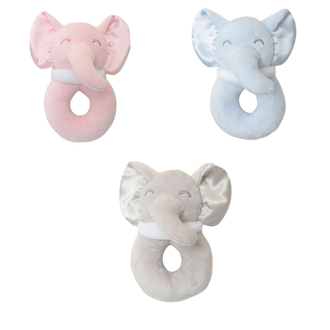 Three elephant-shaped rattles in pink, blue, and gray.
