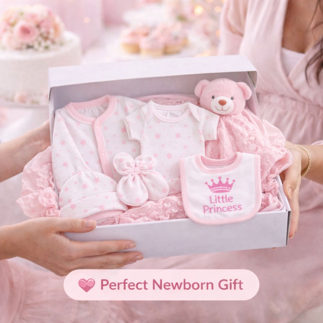 Newborn Baby Girl Gift Hamper – Includes Teddy Comforter, Sleepsuit, Hat & More | Perfect Baby Shower Gift Set