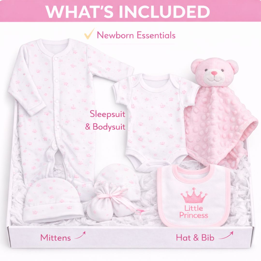 Newborn Baby Girl Gift Hamper – Includes Teddy Comforter, Sleepsuit, Hat & More | Perfect Baby Shower Gift Set