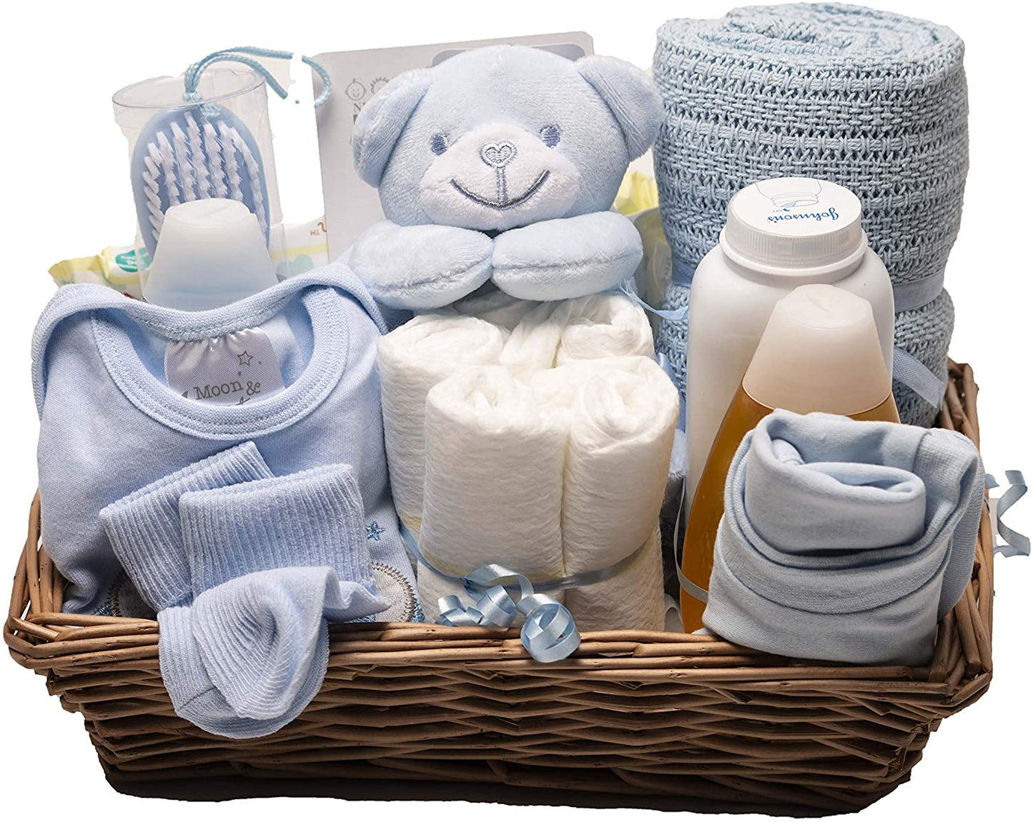 Newborn Gift Basket Hamper Boy Blue. Newborn Baby Boy Hamper Basket. Gift Includes New-born Essentials Baby Clothes, Plush Blue Teddy Comforter Blanket