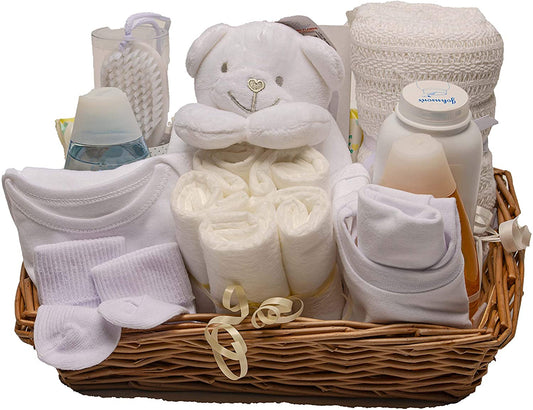 Neutral Baby Gift Hamper. Baby Shower Gift with Beautiful Baby Clothes, New-born Essentials Including Plush Baby Comforter, Baby Blanket and Bib.