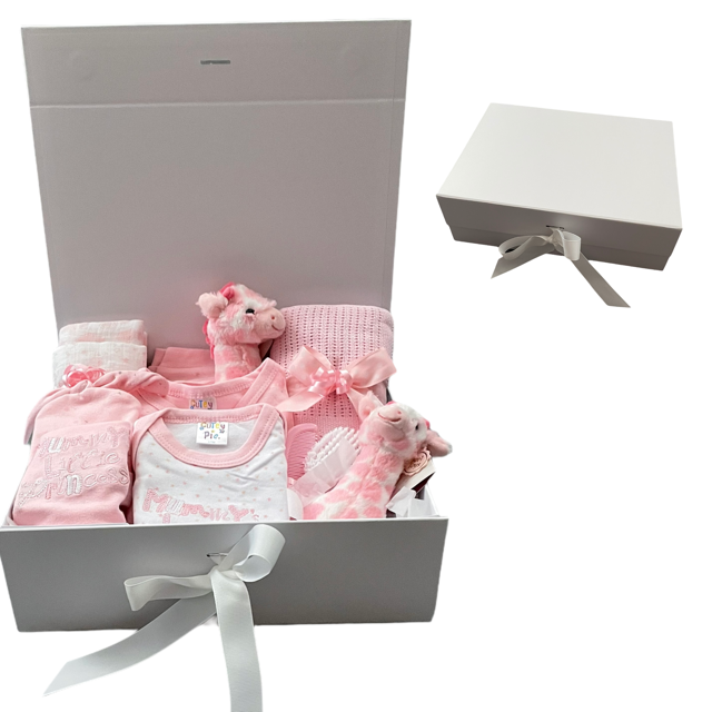 Baby Gift Set - Pink Hamper for Baby Girl with Baby Gifts Including Baby Clothes, Newborn Essentials, Baby Plush Giraffe and Rattle. Newborn Baby Girl Gift Hamper Ideal for Baby Showers.