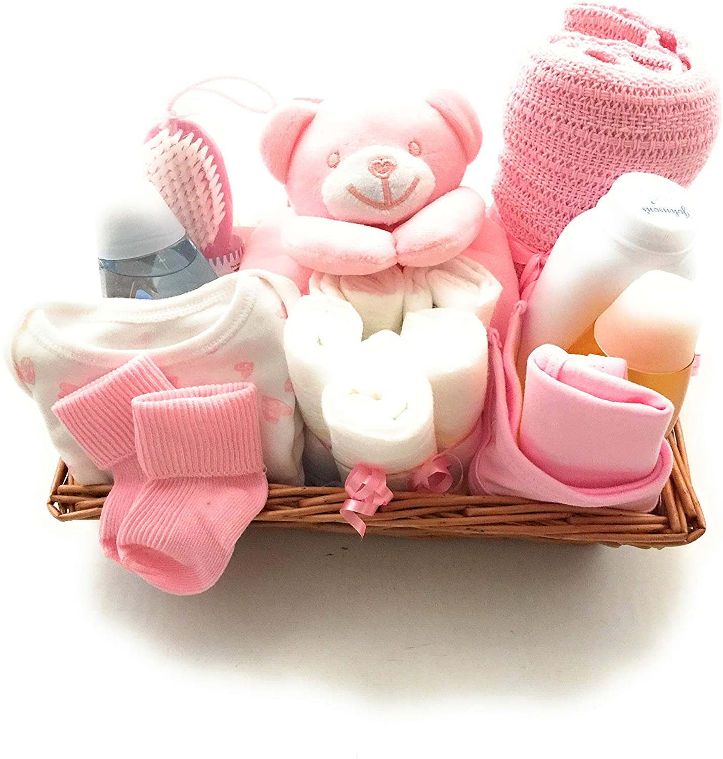 Newborn Baby Girl Gift Hamper. Baby Shower Gift with Beautiful Baby Clothes, New-born Essentials Including Plush Baby Comforter, Baby Blanket and Rattle.