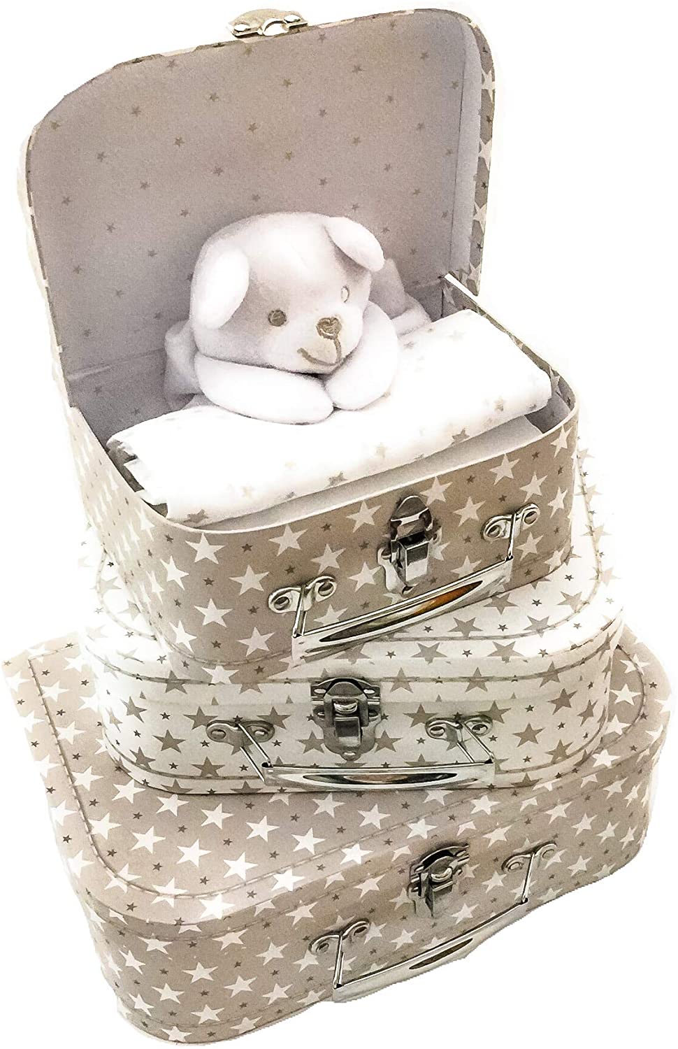 Newborn Baby Hamper Gift and Keepsake Box. Baby shower hamper. Includes Baby Clothing Layette Set Plush Teddy Comforter & Baby Essentials