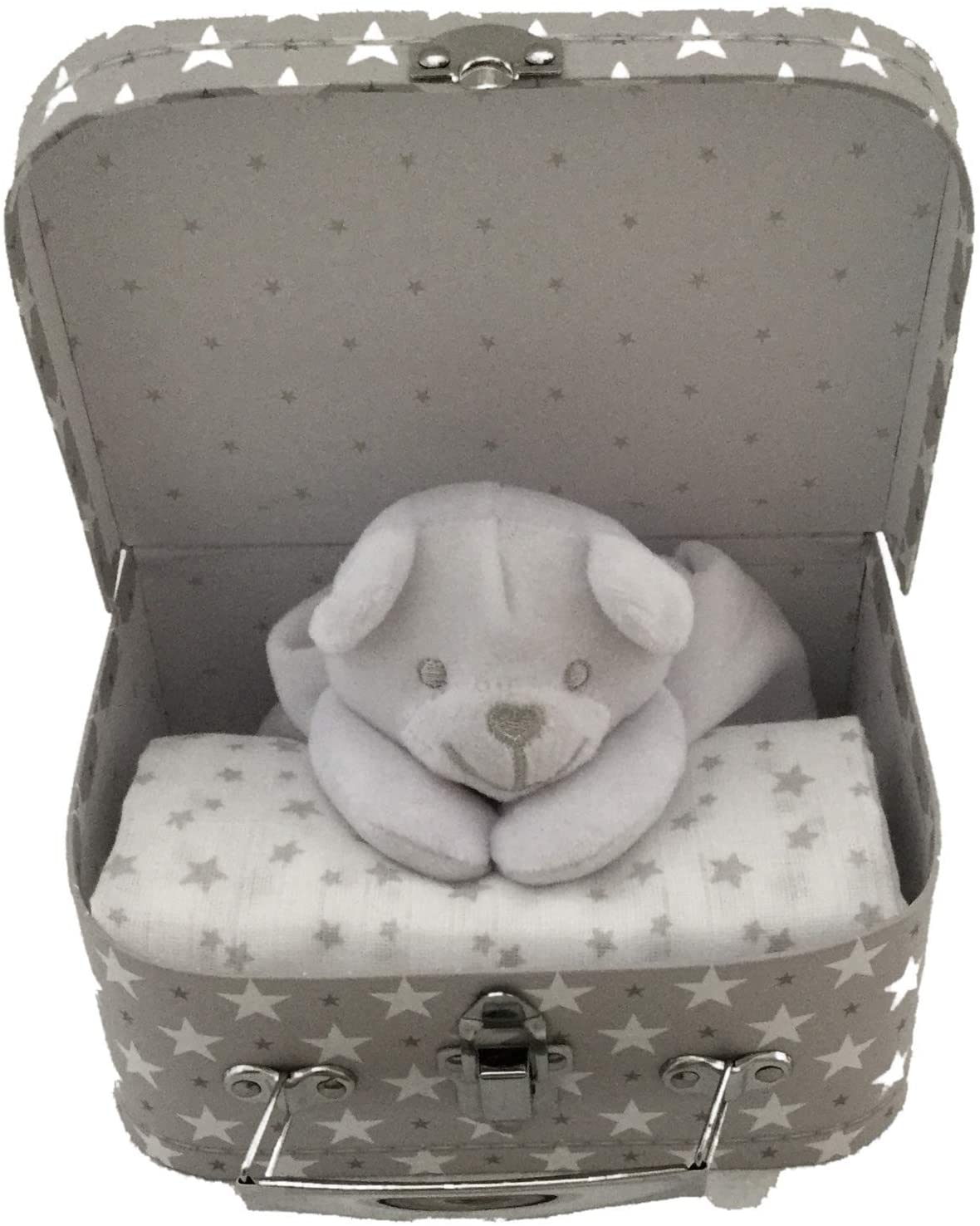 Newborn Baby Hamper Gift and Keepsake Box. Baby shower hamper. Includes Baby Clothing Layette Set Plush Teddy Comforter & Baby Essentials